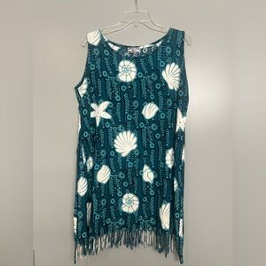CARIBBEAN GIRL Teal Shell Print Fringe Tunic